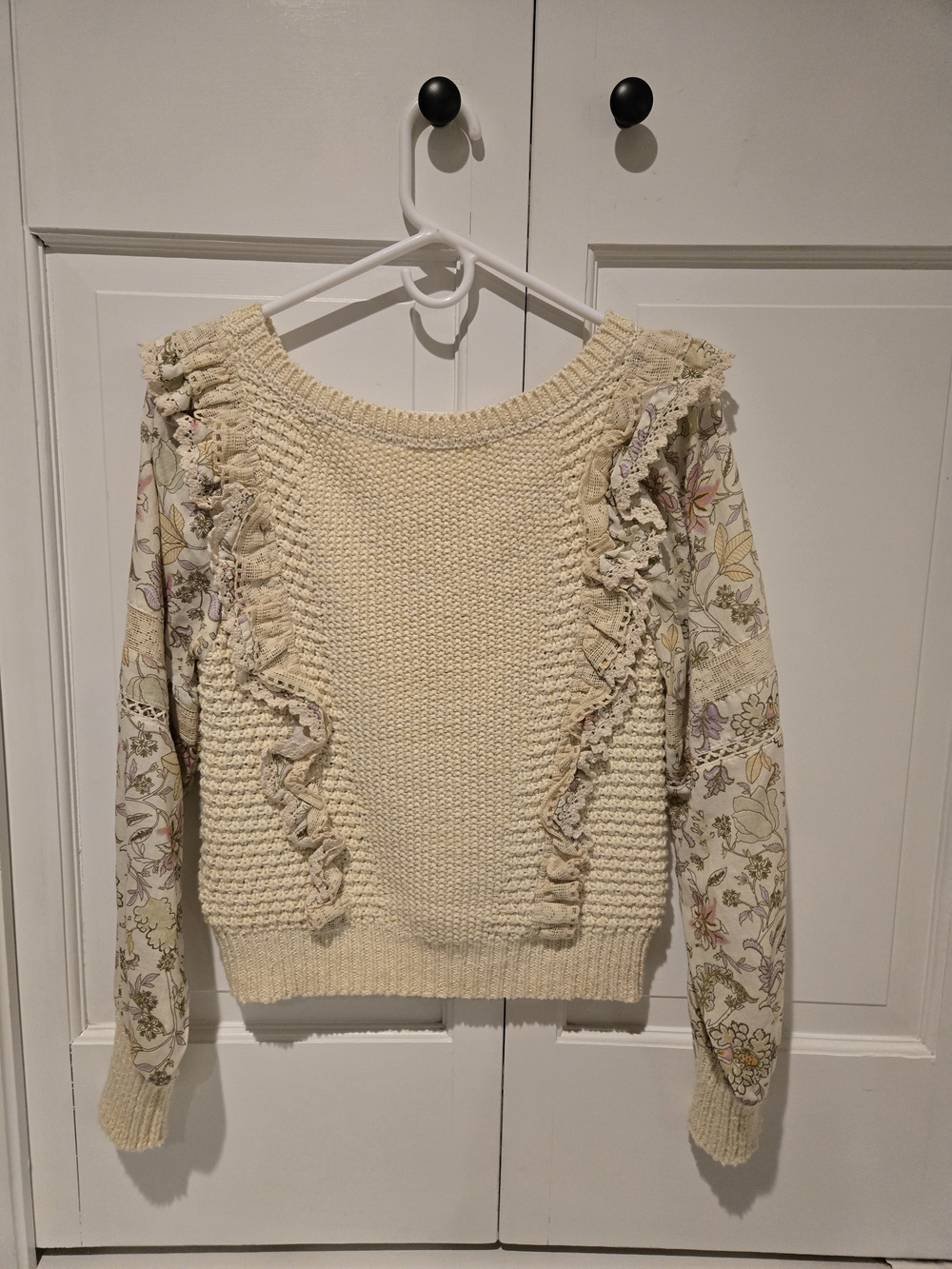 Anthropologie Cream Knit Sweater with Floral Ruffle Sleeves